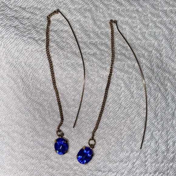 CRYSTAL BLUE DROP STONE Dangling Drop Earrings + Skinny Long Dangling Earrings - Picture 1 of 3